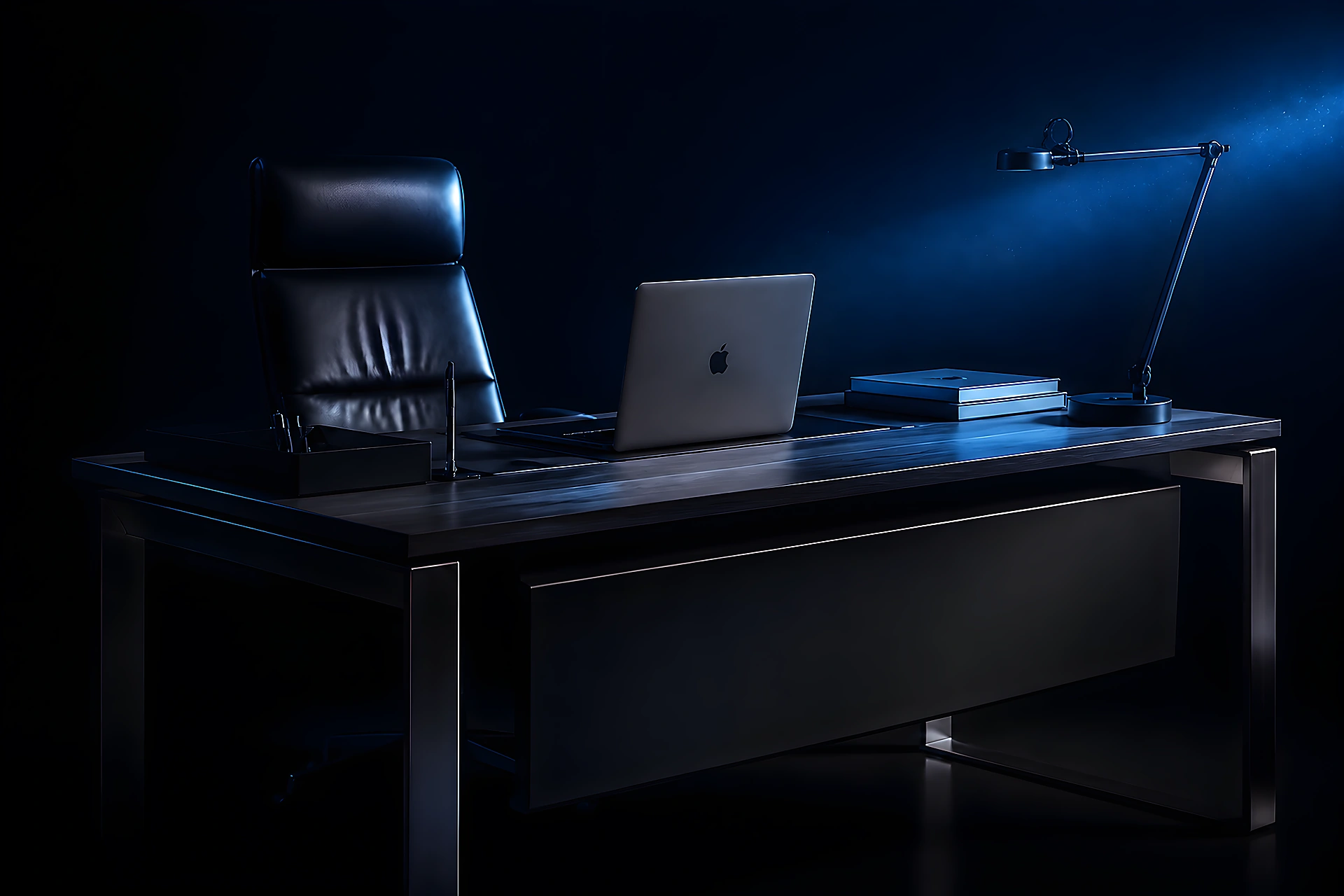 Executive office desk with blue lamp lighting